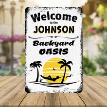 Load image into Gallery viewer, Detailed close-up of Personalized Backyard Oasis Sign - Custom Metal Wall Art, showing texture, finish, and vibrant colors.
