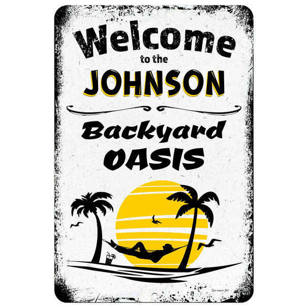 Personalized Backyard Oasis Metal Sign – Custom outdoor sign with a hammock and palm trees, perfect for beach houses, poolside bars, or lounges.