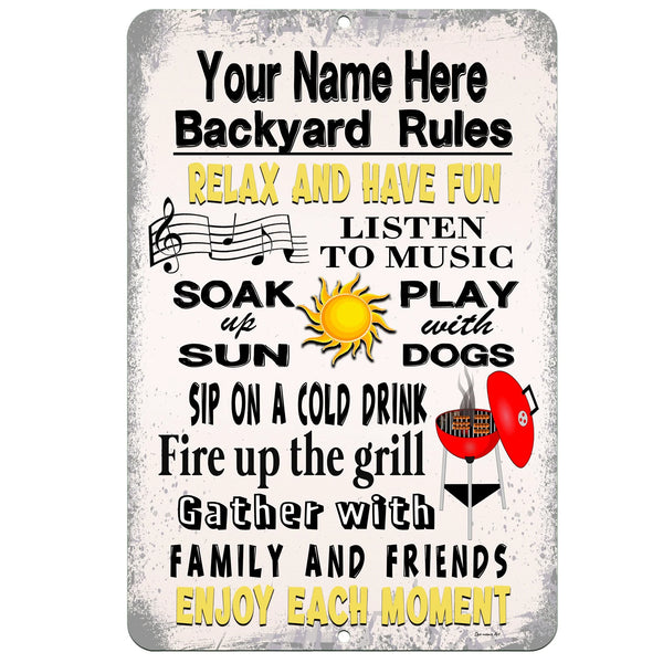 Personalized Backyard Rules Metal Sign – Custom outdoor sign featuring family traditions, perfect for grill masters, homeowners, and outdoor enthusiasts.