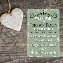 Load image into Gallery viewer, Dyenamic Art - Personalized Backyard Metal Sign – A Custom Outdoor Sign Featuring a Rustic Green Background with Elegant Lettering, Perfect for Adding a Personal Touch to Any Backyard.
