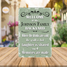 Load image into Gallery viewer, Personalized Backyard Metal Sign – Displayed on a Rustic Wooden Surface with a Heart Ornament, Creating a Cozy and Inviting Backyard Setting.
