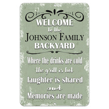 Load image into Gallery viewer, yenamic Art - Personalized Backyard Metal Sign – A Custom Outdoor Decor Piece Designed for Backyard Gatherings, Featuring a Vintage Aesthetic with Warm and Welcoming Messaging.
