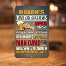 Load image into Gallery viewer, Close-up view of a Personalized Bar Rules sign with a rustic metallic texture, featuring humorous bar etiquette guidelines.
