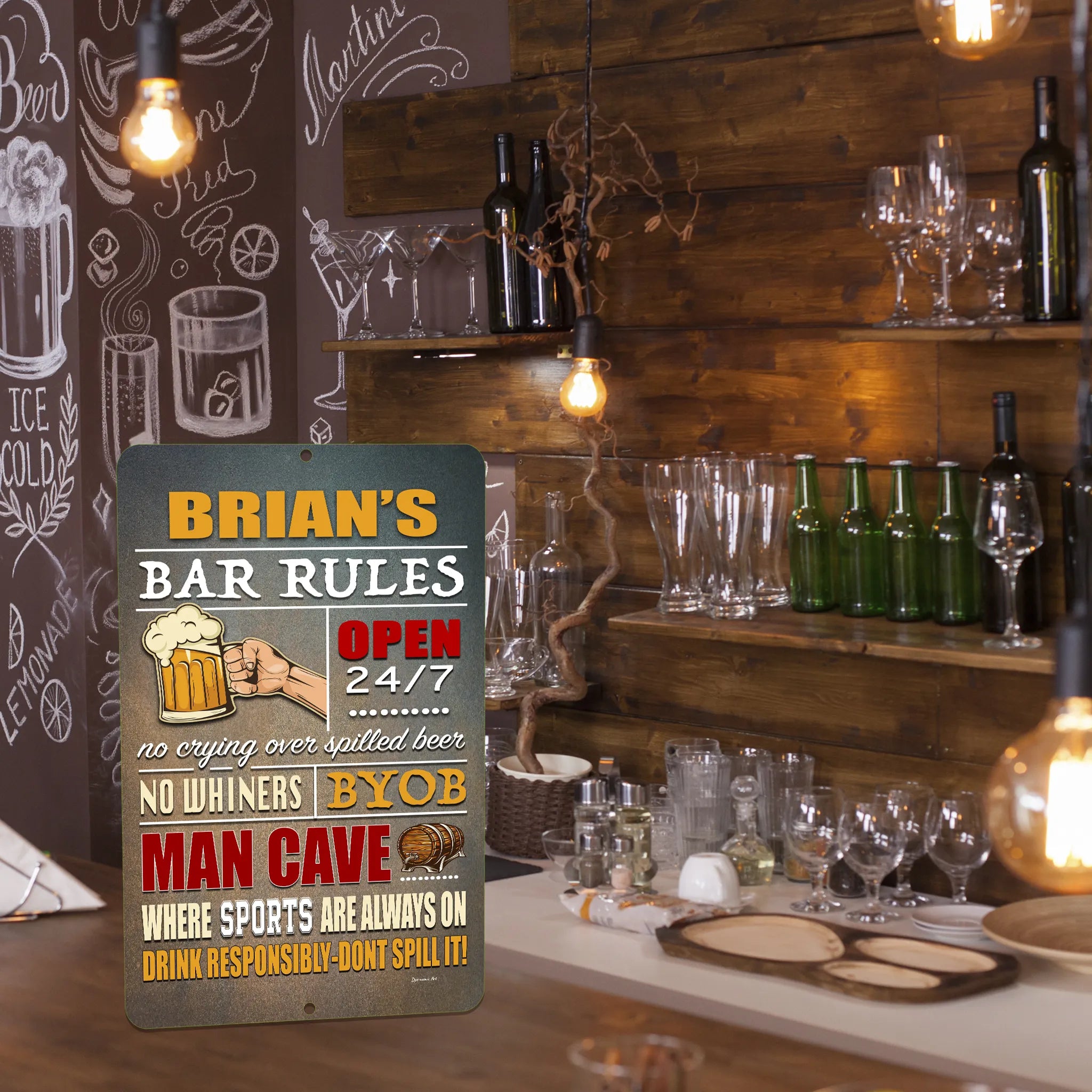 Personalized Bar Rules metal sign in a man cave setting, positioned next to a stocked bar shelf with bottles and glasses.