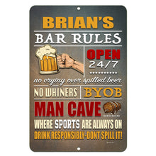 Load image into Gallery viewer, Personalized Bar Rules metal sign hanging on a rustic wooden wall, featuring fun bar rules with a beer mug illustration by Dyenamic Art.
