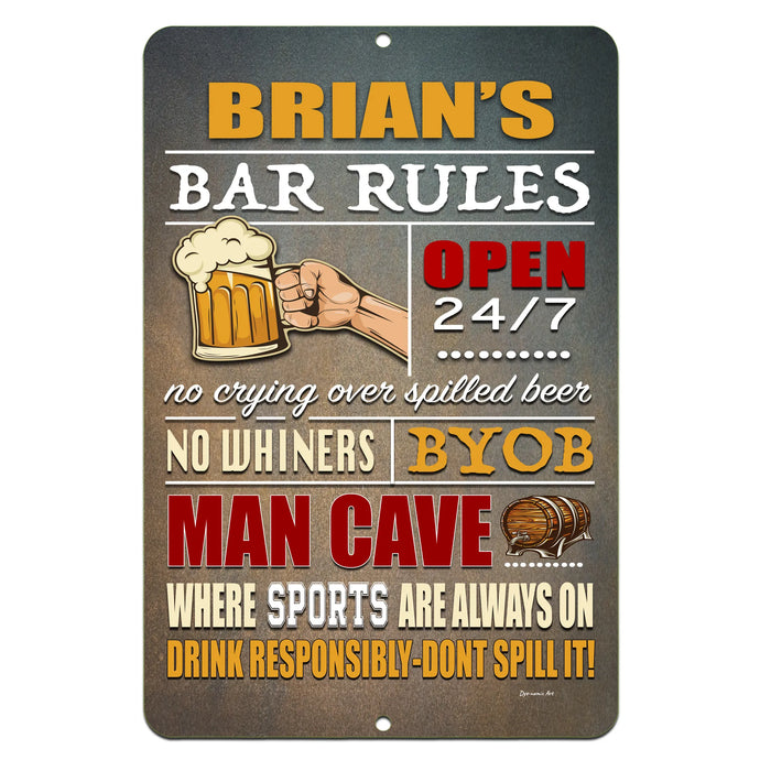 Personalized Bar Rules metal sign hanging on a rustic wooden wall, featuring fun bar rules with a beer mug illustration by Dyenamic Art.