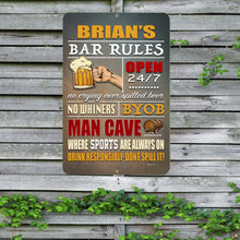 Load image into Gallery viewer, Personalized Bar Rules sign with a vintage distressed background, displaying fun drinking rules in bold typography.
