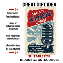 Load image into Gallery viewer, Personalized Karaoke Lounge Metal Sign with infographic showing details of the personalized karaoke lounge metal sign, highlighting its vibrant colors, durable aluminum material, and pre-drilled holes for easy hanging.
