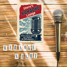 Load image into Gallery viewer, High-resolution image of the personalized karaoke lounge metal sign, featuring a classic vintage-style microphone with musical accents.
