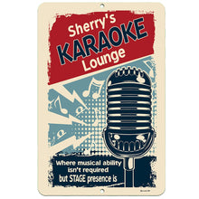 Load image into Gallery viewer, Personalized Karaoke Lounge Metal Sign with high-resolution image of the personalized karaoke lounge metal sign, featuring a classic vintage-style microphone with musical accents by Dyenamic Art.
