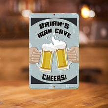 Load image into Gallery viewer, A close-up of a metal man cave sign with two clinking beer mugs, personalized text, and a rustic distressed background.
