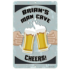 Load image into Gallery viewer, Personalized Man Cave main product image of a personalized man cave sign featuring clinking beer mugs and a customizable name section, designed for beer lovers and bar decor by Dyenamic Art.
