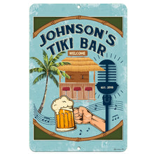 Load image into Gallery viewer, Full view of the Personalized Tiki Bar Metal Sign with a blue background, customized with a name for a unique bar decor piece by Dyenamic Art.
