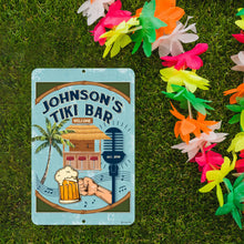 Load image into Gallery viewer, Personalized Tiki Bar Metal Sign displayed outdoors, showcasing its durability for both indoor and outdoor tiki bar settings.
