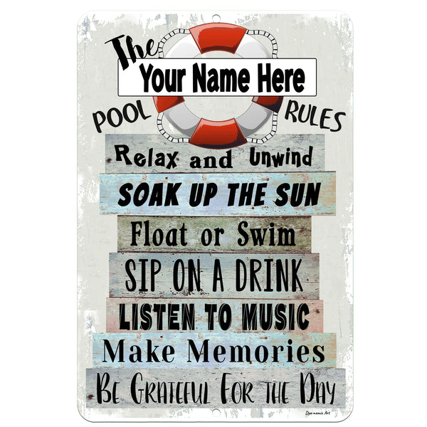Dyenamic Art Personalized Pool Rules Metal Sign – Custom outdoor decor featuring a fun poolside message with a rustic beachy theme.