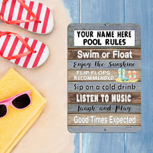 Load image into Gallery viewer, Dyenamic Art Personalized Pool Rules Metal Sign displayed with beach essentials, including red-and-white striped flip-flops, a yellow towel, and pink sunglasses. A fun and rustic addition to poolside decor.
