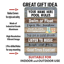 Load image into Gallery viewer, Personalized Pool Rules Metal Sign with text overlay highlighting features: durable aluminum construction, vibrant print, weatherproof design, and easy wall mounting.
