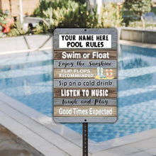 Load image into Gallery viewer, Dyenamic Art Personalized Pool Rules Sign displayed near a backyard pool fence, creating a welcoming and stylish outdoor relaxation space.
