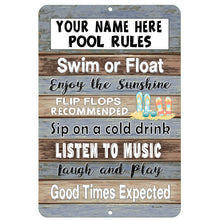 Load image into Gallery viewer, Dyenamic Art Personalized Pool Rules Metal Sign – Rustic outdoor decor featuring a fun, customizable poolside message. Perfect for backyards, patios, and pool areas.
