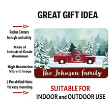Load image into Gallery viewer, Personalized Red Truck Winter Sign with text overlay highlighting its industrial-grade metal construction, high-resolution vibrant print, and pre-drilled holes for easy mounting.
