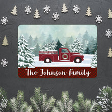 Load image into Gallery viewer, Personalized Red Truck Christmas Metal Sign against a dark snowflake-patterned backdrop, capturing the holiday spirit.
