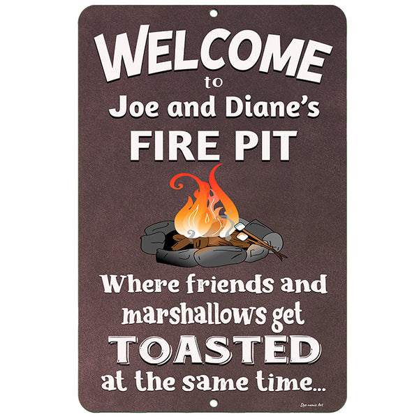 Personalized "Welcome to [Your Name’s] Fire Pit" metal sign featuring a warm fire and marshmallows. Custom camping and outdoor gathering decor by Dyenamic Art.