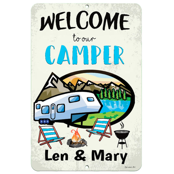 Personalized Welcome to Our Camper Metal Sign – Custom camping decor featuring a scenic mountain and lake view with camper, firepit, and Adirondack chairs by Dyenamic Art.