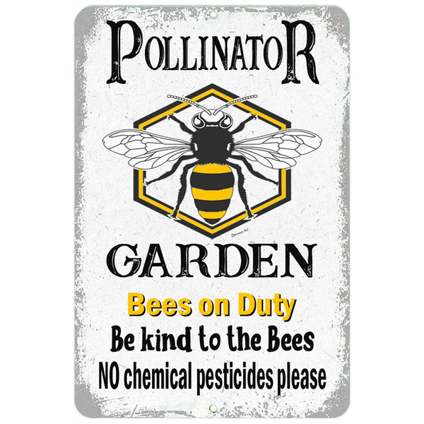 Dyenamic Art Pollinator Garden Bees on Duty Metal Sign – Distressed white background with a honeybee inside a honeycomb.