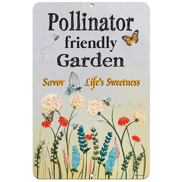 Dyenamic Art Pollinator Friendly Garden Metal Sign – Beautiful wildflowers, bees, butterflies, and nature-inspired text on rustic backdrop.