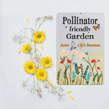 Load image into Gallery viewer, Pollinator Garden Metal Sign styled with yellow daisies and floral elements, creating a charming garden-themed aesthetic.
