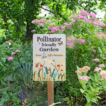 Load image into Gallery viewer, Pollinator Garden Metal Sign mounted in a lush green garden, adding a nature-friendly touch to pollinator habitats.
