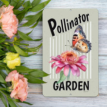 Load image into Gallery viewer, Dyenamic Art Pollinator Garden Metal Sign displayed among fresh flowers, adding charm to any outdoor space.
