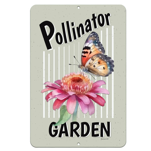 Dyenamic Art Pollinator Garden Metal Sign – Vibrant butterfly and pink flower illustration on a light background.