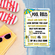 Load image into Gallery viewer, Detailed close-up of the Pool Rules Metal Sign, showcasing high-resolution print, bold typography, and pre-drilled holes for easy installation.
