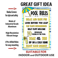 Load image into Gallery viewer, Pool Rules Metal Sign with text overlay highlighting features: durable aluminum construction, vibrant print, weather-resistant design, and easy mounting for pool areas.
