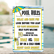 Load image into Gallery viewer, Dyenamic Art Pool Rules Sign displayed near a swimming pool, adding a playful and entertaining touch to outdoor spaces.
