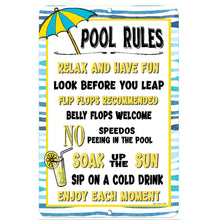 Load image into Gallery viewer, Dyenamic Art Pool Rules Metal Sign – Funny and lighthearted poolside decor featuring a humorous "No Speedos Allowed" rule. Perfect for backyard pools, patios, and summer fun spaces.
