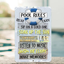 Load image into Gallery viewer, Close-up view of the Dyenamic Art Pool Rules Metal Sign, highlighting its rustic texture, bold typography, and vibrant colors. A durable and stylish sign for any outdoor space.
