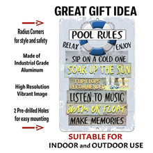 Load image into Gallery viewer, Dyenamic Art Pool Rules Metal Sign with text overlay detailing its key features: industrial-grade aluminum, high-resolution print, pre-drilled holes for easy hanging, and weather-resistant design.
