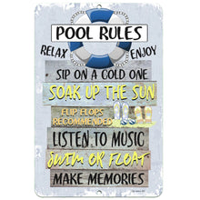 Load image into Gallery viewer, Dyenamic Art Pool Rules Metal Sign featuring a distressed wood-style background, bold lettering, and a life ring illustration. Ideal for poolside, patio, or backyard decor.
