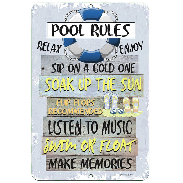 Dyenamic Art Pool Rules Metal Sign featuring a distressed wood-style background, bold lettering, and a life ring illustration. Ideal for poolside, patio, or backyard decor.