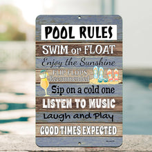 Load image into Gallery viewer, Detailed close-up of the Pool Rules Metal Sign, showcasing high-resolution print, rustic wood-style background, and pre-drilled holes for easy mounting.
