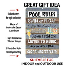 Load image into Gallery viewer, Pool Rules Metal Sign with text overlay highlighting features: durable aluminum construction, vibrant print, weather-resistant design, and easy wall mounting.
