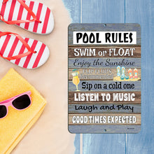 Load image into Gallery viewer, Dyenamic Art Pool Rules Sign displayed near a poolside setting, creating a relaxed and inviting outdoor atmosphere.
