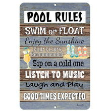 Load image into Gallery viewer, Dyenamic Art Pool Rules Metal Sign – Rustic outdoor decor featuring positive poolside sayings. A perfect addition to patios, swimming pools, and backyard retreats.
