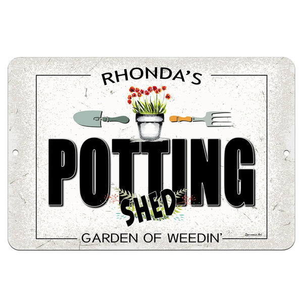 Dyenamic Art Potting Shed Metal Sign – Rustic design with gardening tools, flowers, and customizable text.