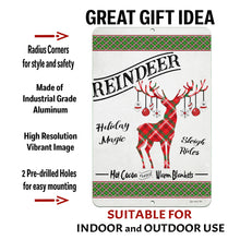 Load image into Gallery viewer, Dyenamic Art Reindeer Christmas Sign with text overlay highlighting its industrial-grade aluminum construction, high-resolution printed graphics, pre-drilled holes for easy mounting, and weather-resistant finish.
