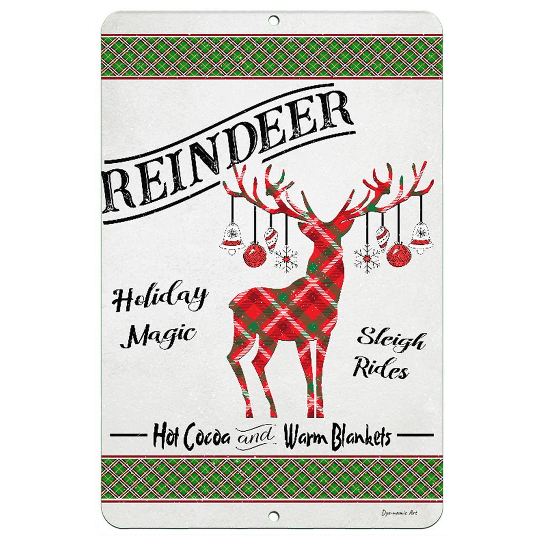 Dyenamic Art Reindeer Holiday Metal Sign – Festive Christmas wall decor featuring a plaid reindeer, hanging ornaments, and cozy holiday phrases on a rustic background.