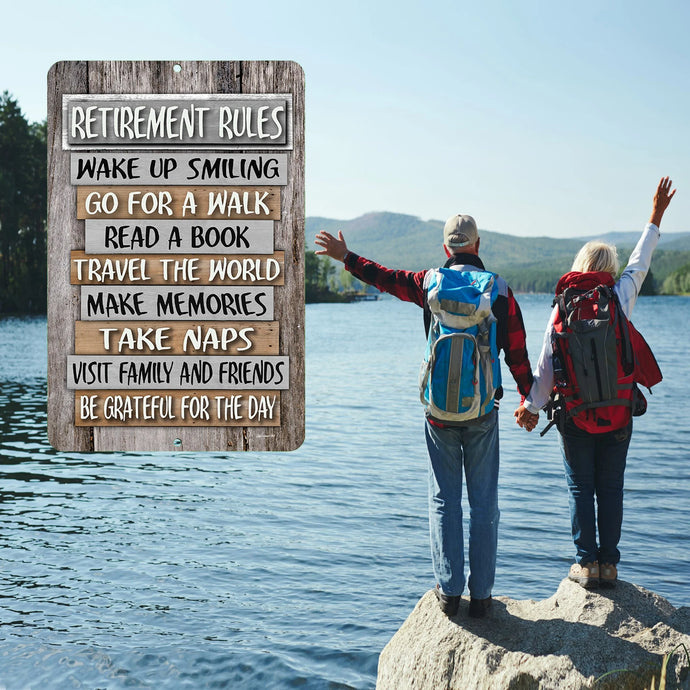 Dyenamic Art - Retirement Rules Metal Sign – A Beautifully Displayed Rustic Wall Sign in a Cozy, Vintage-Inspired Setting with a Vase of White Flowers. A Meaningful Gift for New Retirees Looking to Celebrate Their Next Chapter.