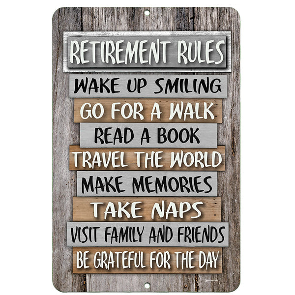 Dyenamic Art - Retirement Rules Metal Sign – A Decorative and Inspirational Retirement Gift Featuring Playful and Encouraging Sayings on a Weathered Wood-Style Background. Ideal for Retirees, Friends, and Family.